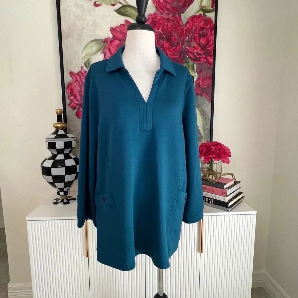 Lior Paris Women's Dylan Split Collared Neck Long Sleeve Tunic Top Teal XL NWT